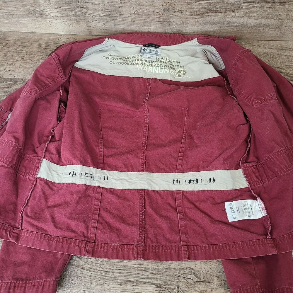 Columbia Faded Red Blazer Shacket Adj Waist Womens L Lightly Distressed Denim - Picture 9 of 13